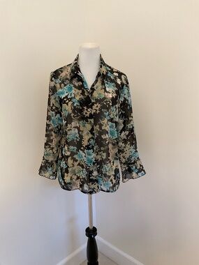 Notations Black Floral Tunic Blouse with Teal Blue and Cream Accents